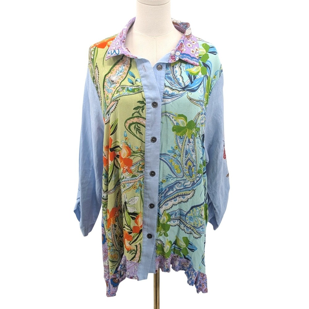 Calessa Patchwork Paisley Floral Tunic Blouse Womens 1X Embroidered Pockets Boho